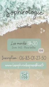 La sophro des possibles sophrologie sophrologue Saintes Charente-Maritime Nouvelle-Aquitaine séance individuelle collective groupe atelier sophrologie à domicile sophrologie en ligne visio distanciel sophrologie en entreprise sophro-balade sophro-nature rando-sophro marche en pleine conscience handpan respiration cohérence cardiaque autohypnose relaxation relaxologie lâcher-prise bien-être développement personnel qualité de vie au travail qvt qvct stress burnout risques psychosociaux rps troubles musculosquelettiques tms angoisse anxiété gestion des émotions acouphènes hyperacousie troubles audition hypersensibilité troubles sommeil phobie scolaire bienveillance confidentialité non jugement thérapie brève