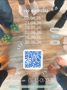 La sophro des possibles sophrologie sophrologue Saintes Charente-Maritime Nouvelle-Aquitaine séance individuelle collective groupe atelier sophrologie à domicile sophrologie en ligne visio distanciel sophrologie en entreprise sophro-balade sophro-nature rando-sophro marche en pleine conscience handpan respiration cohérence cardiaque autohypnose relaxation relaxologie lâcher-prise bien-être développement personnel qualité de vie au travail qvt qvct stress burnout risques psychosociaux rps troubles musculosquelettiques tms angoisse anxiété gestion des émotions acouphènes hyperacousie troubles audition hypersensibilité troubles sommeil phobie scolaire bienveillance confidentialité non jugement thérapie brève