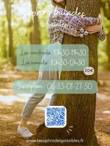 La sophro des possibles sophrologie sophrologue Saintes Charente-Maritime Nouvelle-Aquitaine séance individuelle collective groupe atelier sophrologie à domicile sophrologie en ligne visio distanciel sophrologie en entreprise sophro-balade sophro-nature rando-sophro marche en pleine conscience handpan respiration cohérence cardiaque autohypnose relaxation relaxologie lâcher-prise bien-être développement personnel qualité de vie au travail qvt qvct stress burnout risques psychosociaux rps troubles musculosquelettiques tms angoisse anxiété gestion des émotions acouphènes hyperacousie troubles audition hypersensibilité troubles sommeil phobie scolaire bienveillance confidentialité non jugement thérapie brève